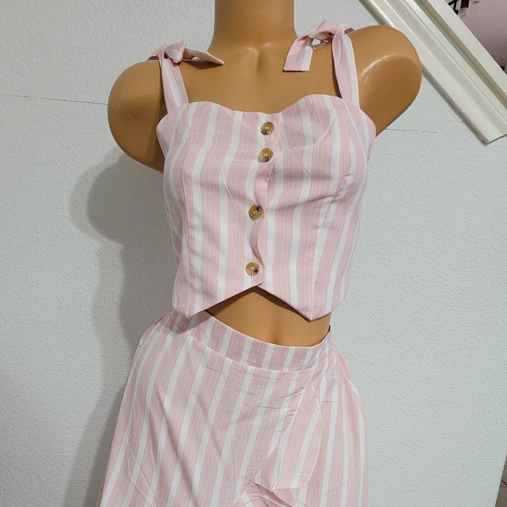 YIMAI Fashion Midi Skirt and Top Pink Striped Size Small Set 225